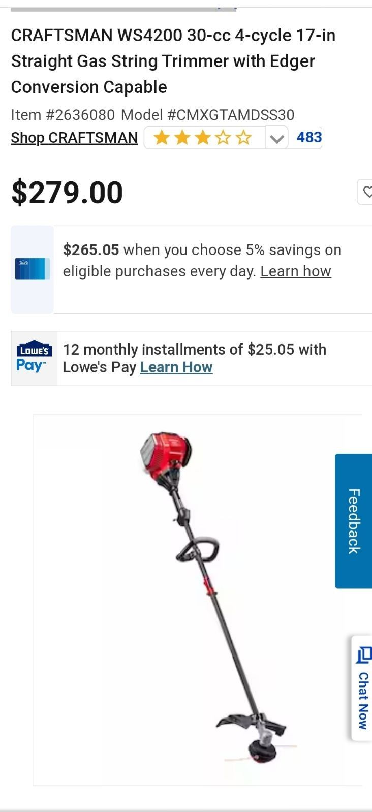 Craftsman WS4200 30-cc-4 Cycle 17" Straight Gas String Trimmer With ...
