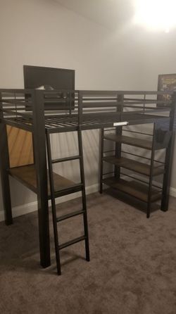 Twin Size Metal Bunk Bed w/ Shelves & Desk