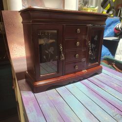 Vintage Jewelry Armoir Wood with Etched Glass