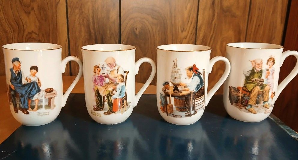 Vintage 1982 NORMAN ROCKWELL: (4) Stamped/ Signed Porcelain Coffee-Style Collector Mugs - 22k Gold Trim