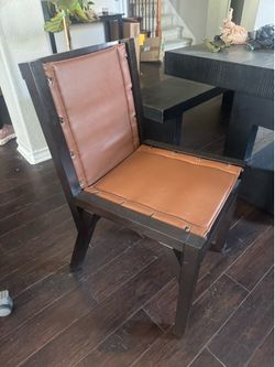 Modern Cognac Leather-Look & Dark Wood Dining Chairs – Set of 4