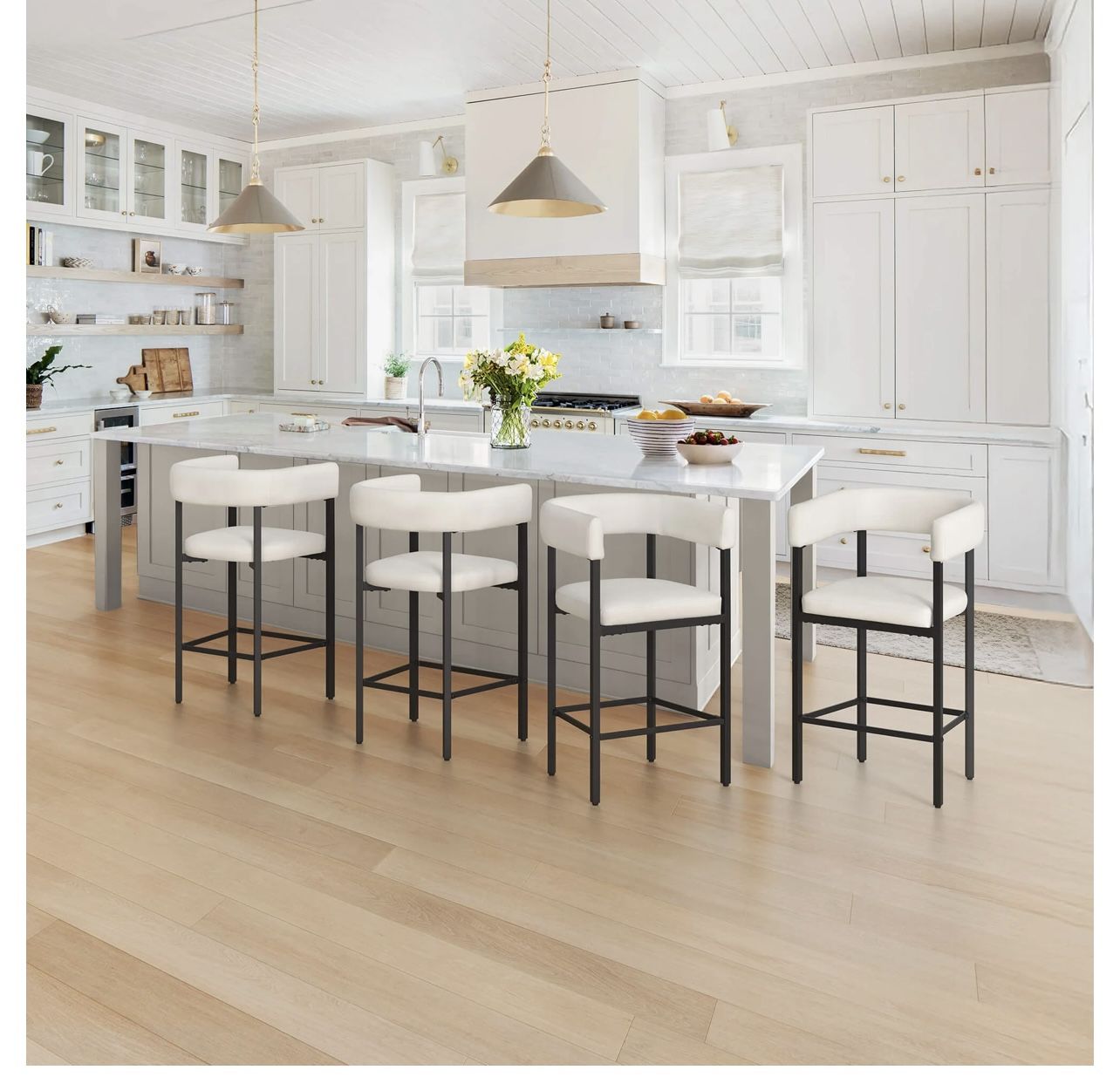 Leopold series Barstool set of 4  	•	Overall Size: 22.5"W x 19.3" D x 36.8"H 	•	Materials: 	•	Seat—Fabric or Faux Leather (find material in color choi