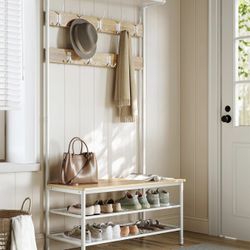 Coat Rack, Hall Tree with Shoe Storage Bench
