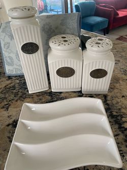 White Ceramic Kitchen Canister Set with Tray