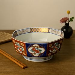 Gold Imari Japan 1970s Hand Painted Octagonal Porcelain Bowl, 7.75x3.5”