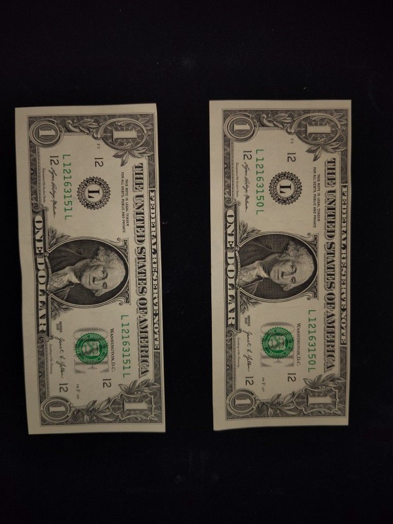 Off Center 2 $1 Bills In Sequence
