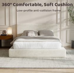 California King bed Upholstered Bed Frame with Padded Headboard Plush Padded Headboard, 360° Soft Foam Surround, Low Profile Cloud Bed Frame, No Box S