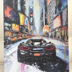 ART on canvas/wood Frame 16x20x1.5 Inches Brilliant Colors Featuring Sports Car Framed And Ready To Hang! Washable