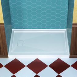 VET-6030-L  WOODBRIDGE 60 in. x 30 in. Solid Surface Shower Pan Base in White, Alcove Installation with Left Drain, Slip-Resistant & Mold-Resistant