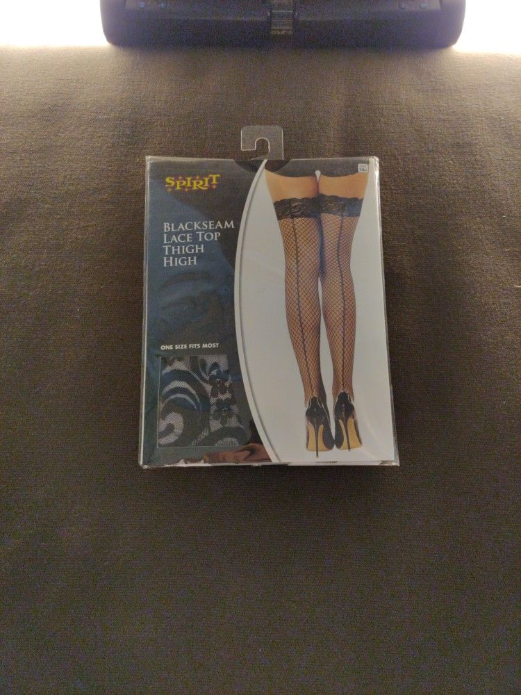 Black Seam Lace Top Thigh High Fishnet Halloween Costume One Size Fits Most