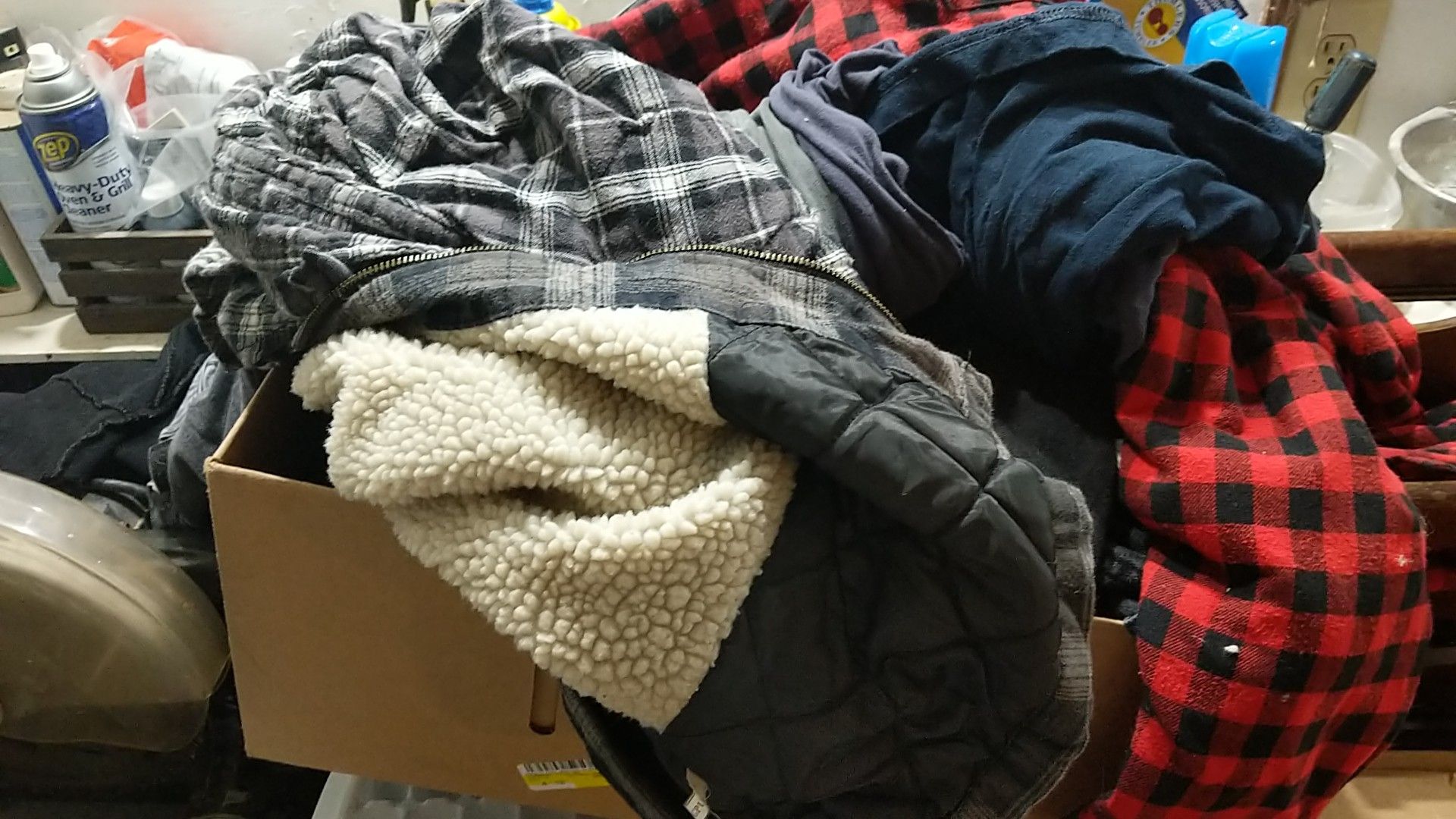 Free box of jackets and coats and mens clothing L/XL