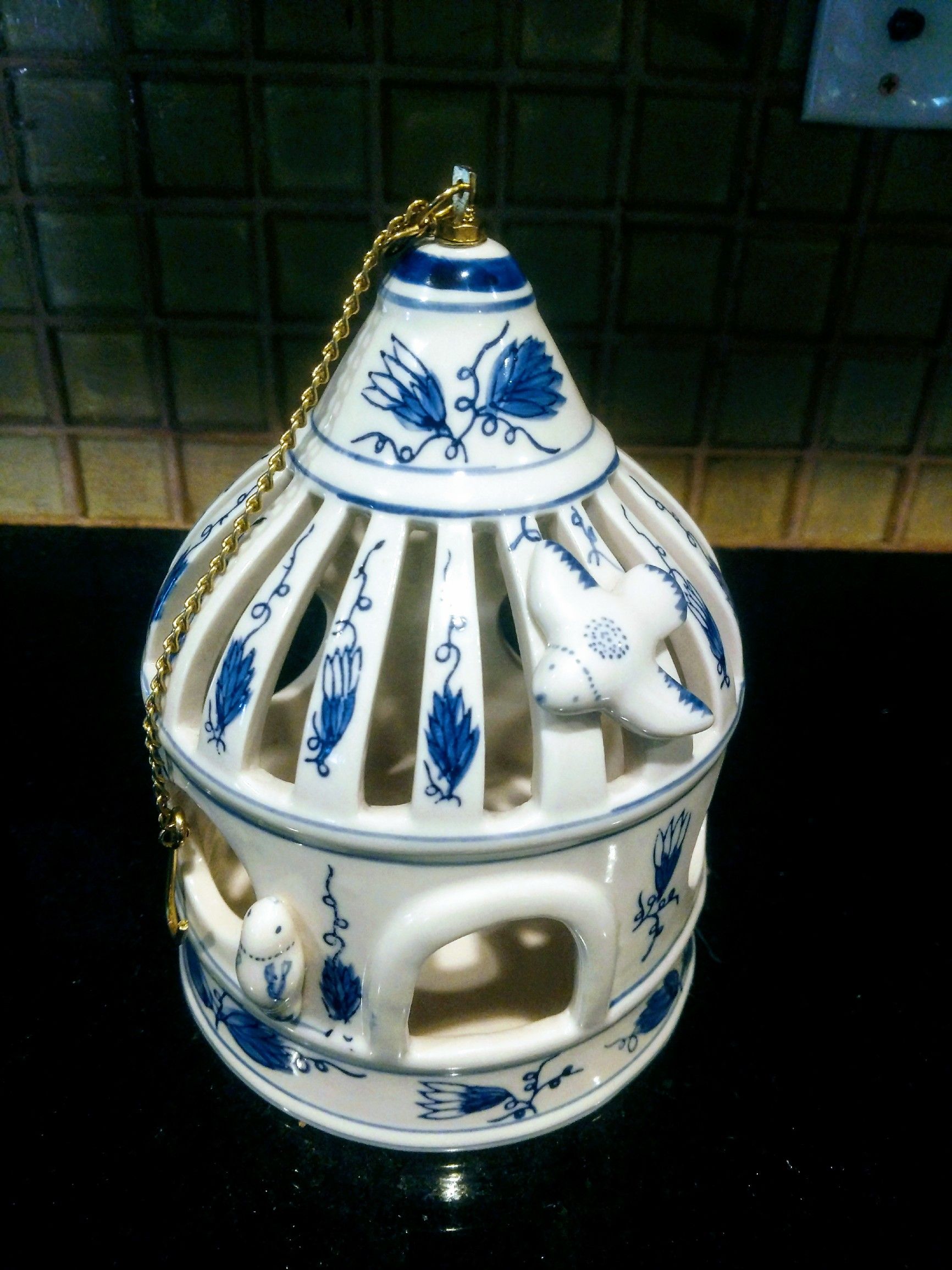 Vintage Hand Painted Ceramic Candle Lantern