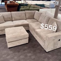 Beautiful! 4-pc Sectional Sofa With Ottoman Camel Corduroy 
