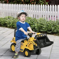 😀 HOMCOM Ride On Excavator with Under Seat Storage, Pull Cart Kids Bulldozer for Boys & Girls, Sit and Scoot Construction Toy with Horn, Front Loader