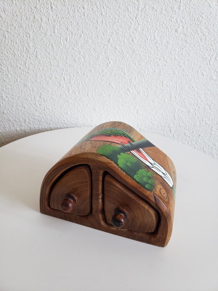 Vintage Costa Rica Hand Made Hand Painted Two Drawer Wooden Box