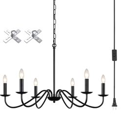 Plug in Farmhouse Chandelier Black 6 Lights Plug in Pendant Light Hanging Lights with Plug in Cord 15.1ft & Switch