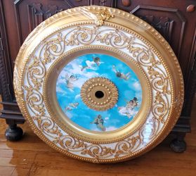 New Artistry Lighting Round 32" Antique Gold Ceiling Medallion with a Blue Sky Angel / Cherub Motif.
