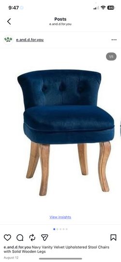 Navy Vanity Velvet Upholstered Stool Chairs with Solid Wooden Legs