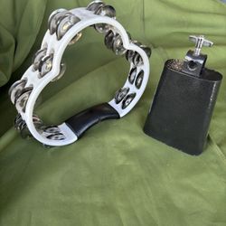 MEINL Headliner Series Molded ABS Tambourine, Dual Row White & D’Luca 6 inch Metal Steel Cowbell Percussion for Drum Set or Timbales