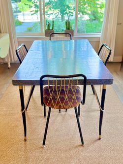 Vintage Mid-Century Modern Dining Set – Black Lacquer &amp; Brass Table with Sculptural Chairs