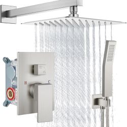 Aolemi Shower Faucet Set Rain Shower System with Handheld Spray Bathroom Shower Combo Rough-in Valve and Shower Trim Kit Included Brushed Nickel 10 In