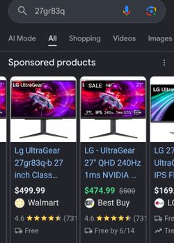 27" QHD LG UltraGear Gaming Monitor 240Hz