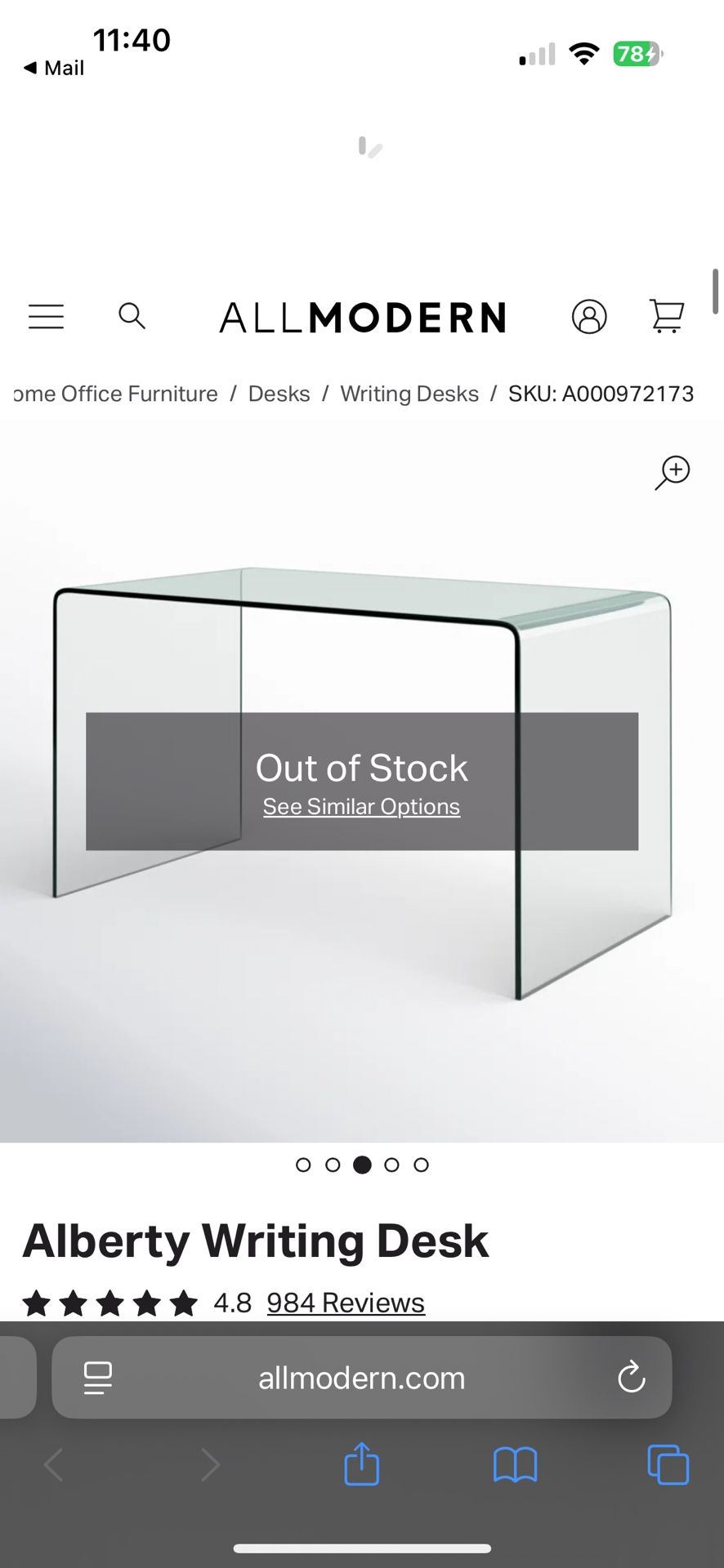 All Modern Alberty Writing Desk Clear Glass