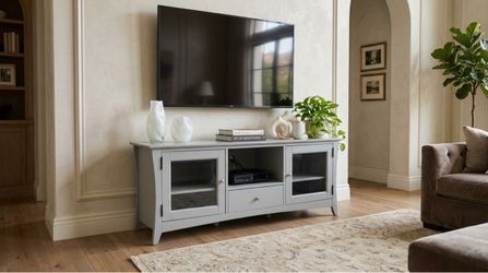 Grey TV Stand / Media Console with Glass Doors & Drawer (60” W)
