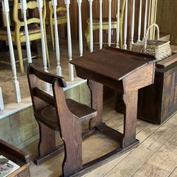 Antique Solid Wood One-Room Schoolhouse Desk with Attached Bench Seat