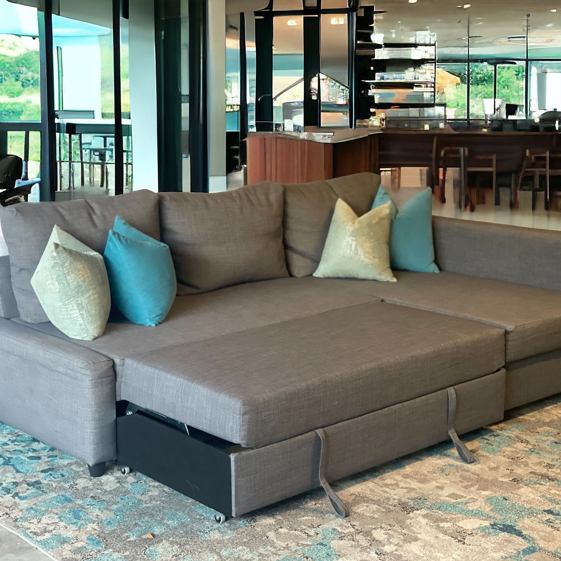Gray Sectional Couch With Storage and Pull Out Bed