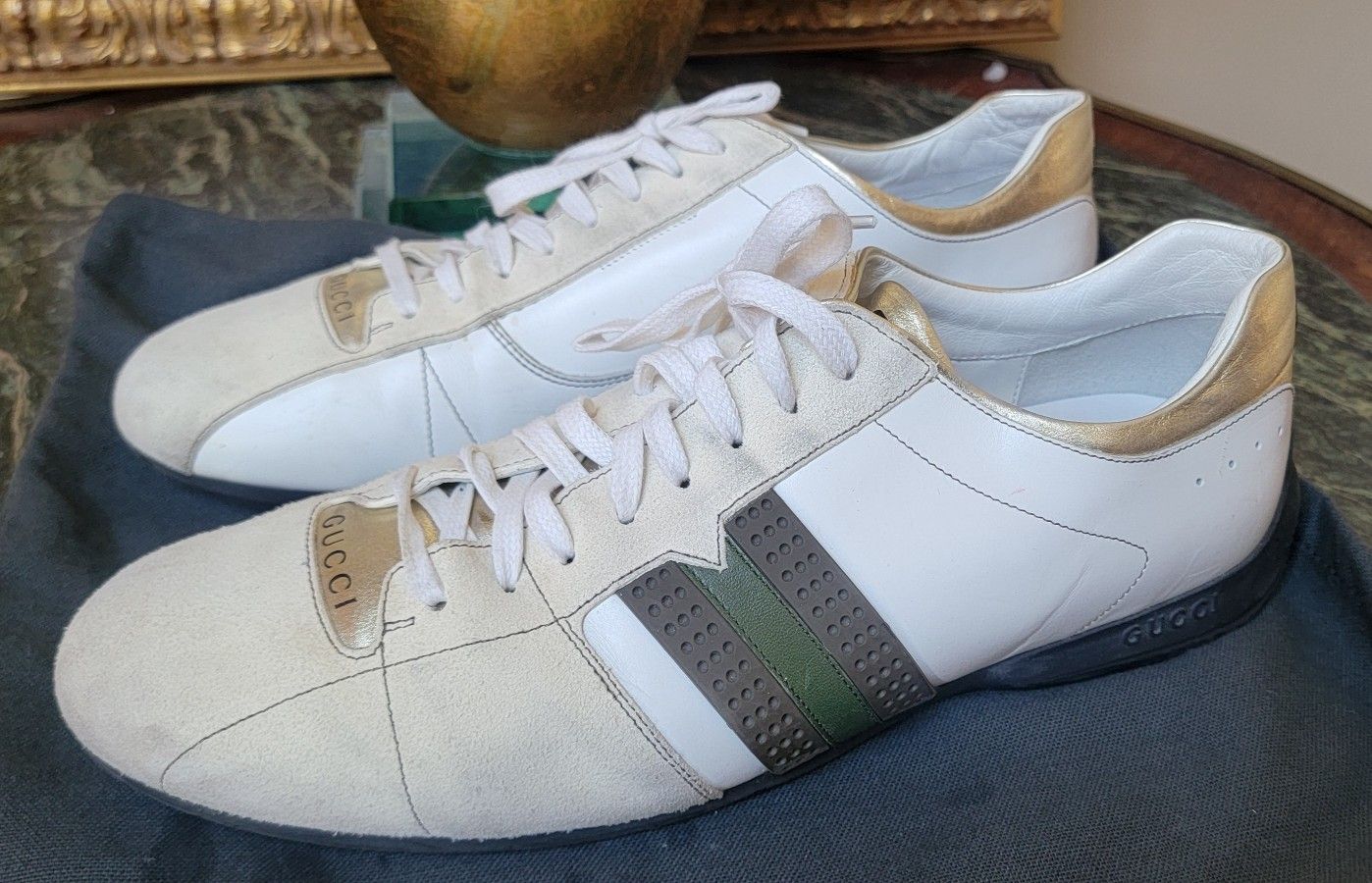 Authentic Men's GUCCI White Gold Green Leather Cream Suede Casual Sneaker 10 G