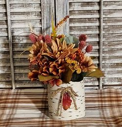 Ht-11in width-11in HANDMADE artificial Fall arrangement in a birch bark container