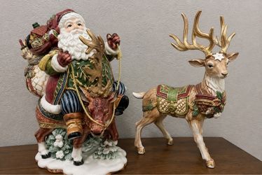 Vintage Fitz and Floyd Large Reindeer & Santa Christmas Figurines – Approx. 22”