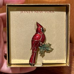 JONES NEW YORK Christmas Brooch Pin Red Cardinal Rhinestone Enamel Holly Leaf
