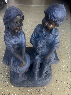 Alpine Corporation 16" Tall Indoor/Outdoor Girl and Boy Sitting on Bench with Puppy Statue Yard Art Decoration