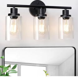 Modern Bathroom Light Fixtures, 3 Light Vanity Lights, Black Wall Lamp with Clear Glass for Bathroom, Mirror, Living Room, Bedroom, Hallway, E26 Base