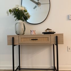 Boho Rattan Console Table with Drawer – Natural Wood & Black