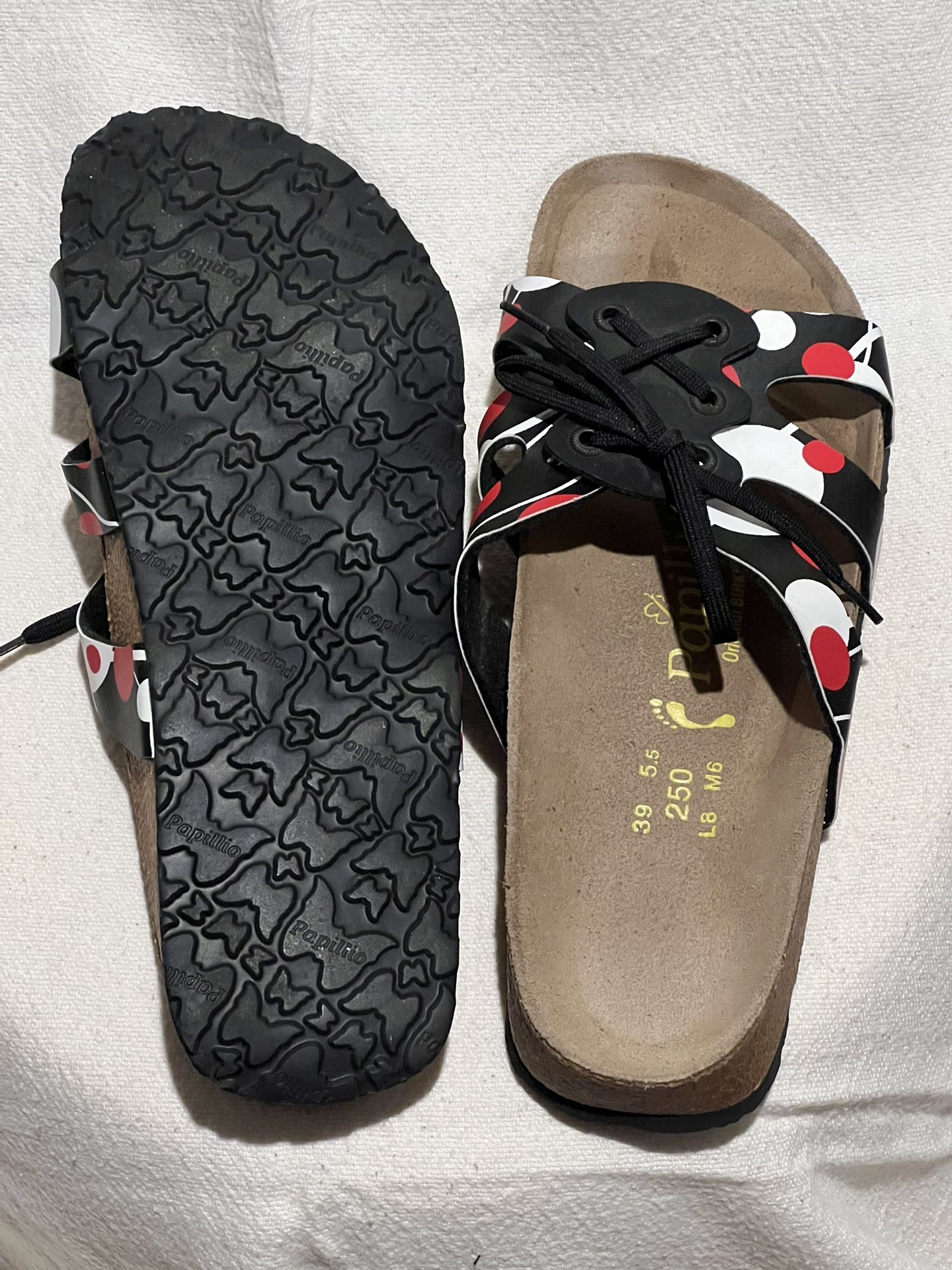Birkenstock “Papillo” - black straps, red+white polka dots w/black laces
