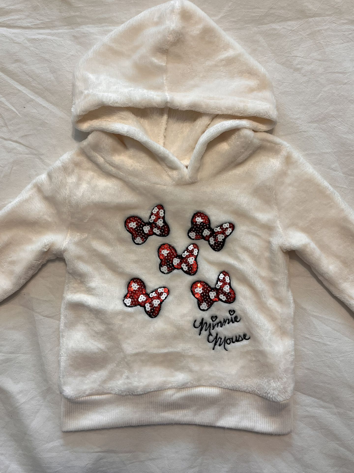 New DISNEY Minnie Mouse Red Bow Sequins Sweatshirt (Size 12M) Faux Fur NWOT