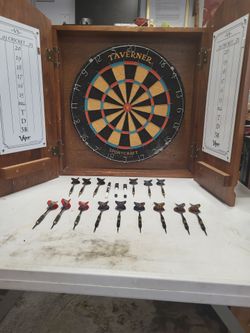 Dartboard, Cabinet, and Darts