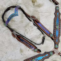 Turquoise Purple-esque Rodeo Shimmer Breast Collar Headstall Set 