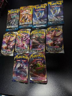 Pokemon boosters 10 packs 4 sun and moon, 4 rebel clash and 2 swords and shields. All brand new