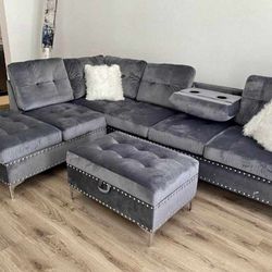 Brand New Grey Velvet Sectional With Storage Ottoman 