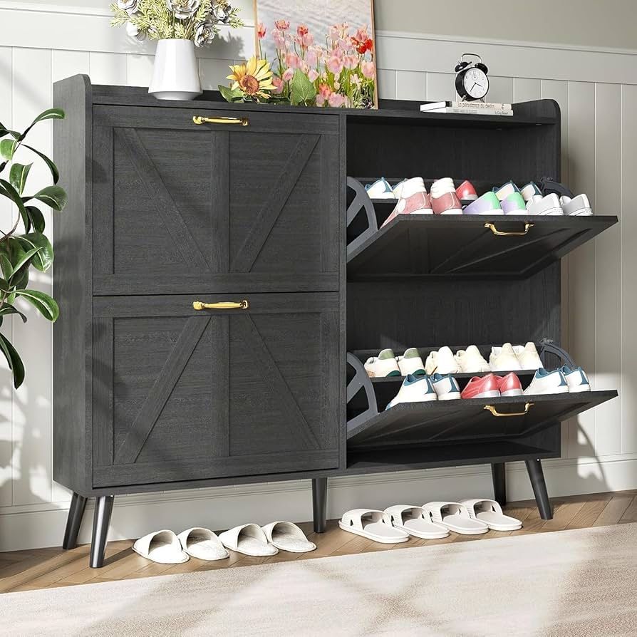 1261C Shoe Cabinet Storage for Entryway, Shoe Cabinet with 4 Flip Drawers, Hidden Slim Shoe Organizer, Narrow Shoe Storage Cabinet Shoe Closet Shoe Ra