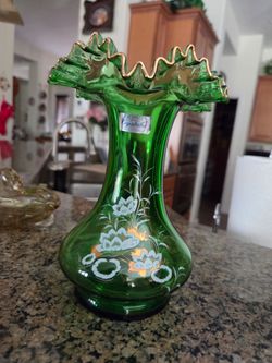 Crystal green, perfect, one candy dish, 2 vases. Goldl inley