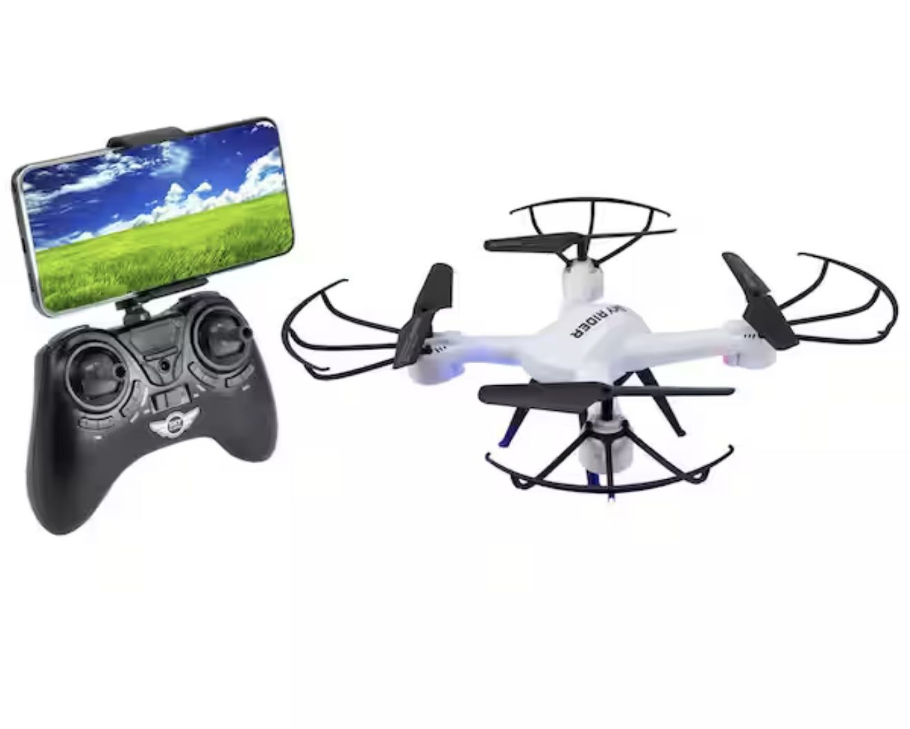 SKY RIDER Pro Quadcopter Drone with Wi-Fi Camera, Remote and Phone Holder, White