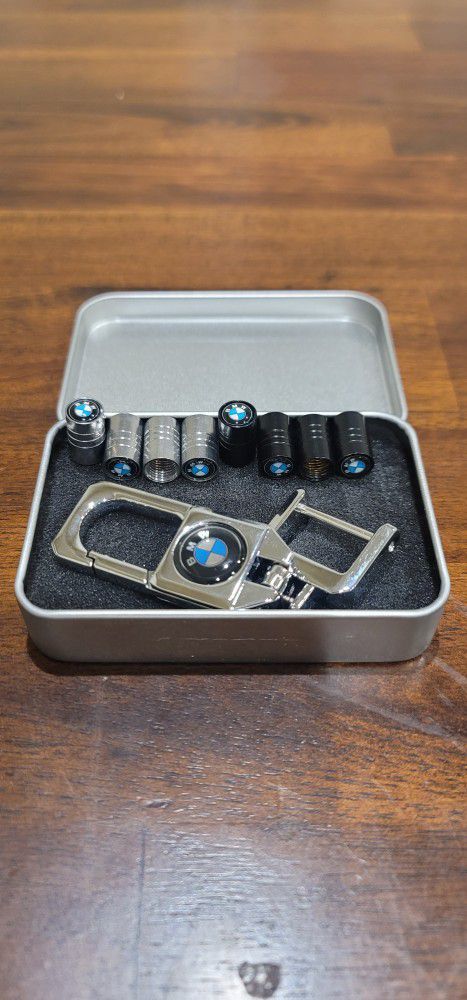 Copper Tire Valve Stem Caps Set With Keychain 4 Chrome 4 Black Metallic For BMW