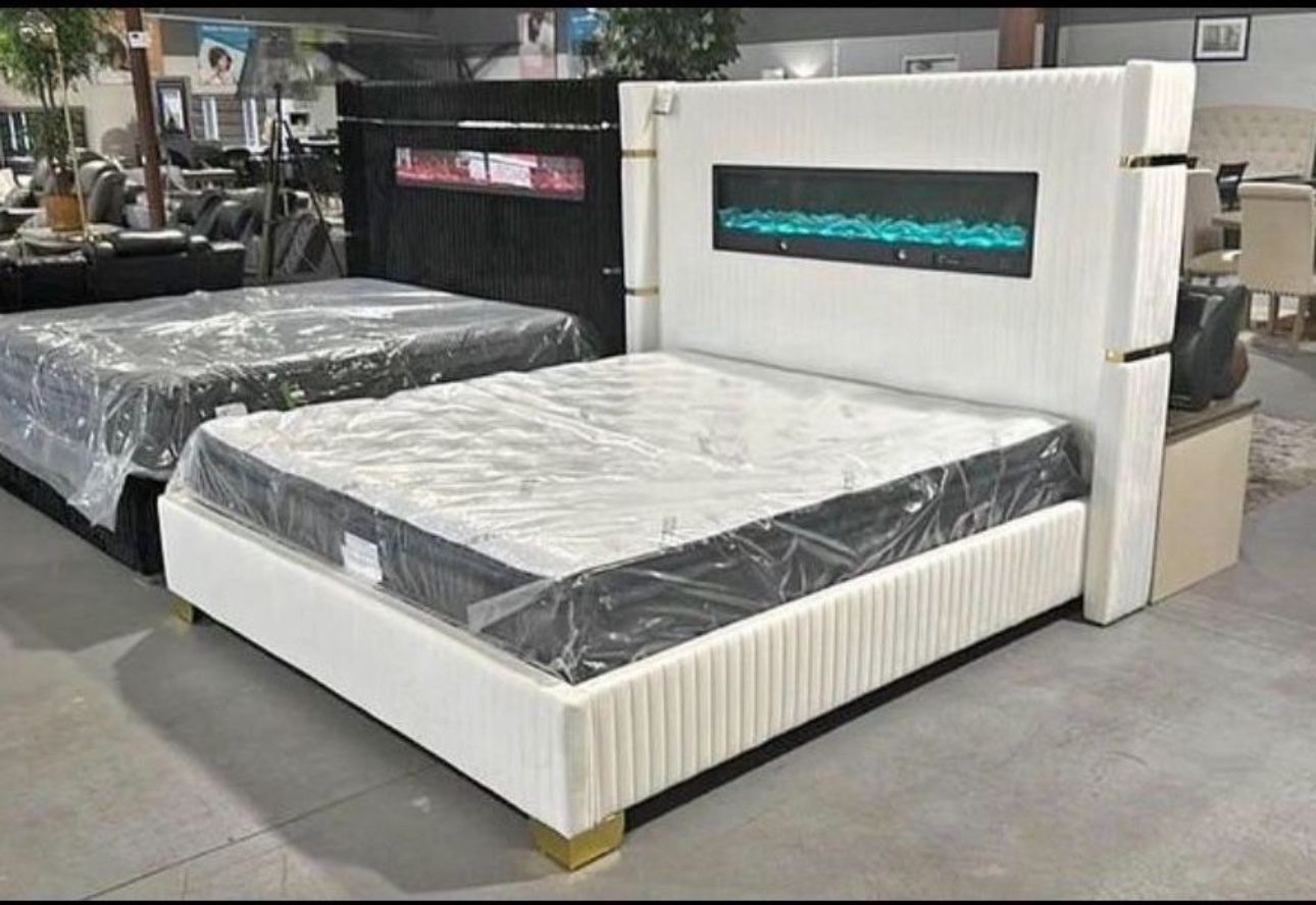 NEW QUEEN AND KING SIZE ROMANCE LUXURY BED WITH MATTRESS AND FIREPLACE DISPLAY 7 Colors BLUETOOTH SPEAKERS