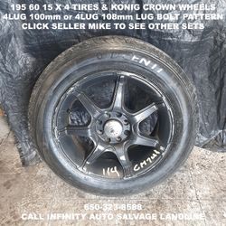 195 60 15 X 4 Tires & Konig Crown Custom Wheels With 4lug 100mm Or 4lug 108mm Lug Nut Bolt Pattern. 