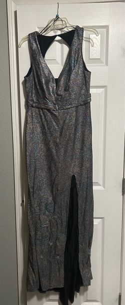 R&M Richards sleeveless evening gown, often referred to as a "Rainbow Foil" dress due to its multi-colored, shimmering metallic finish. Size: 12